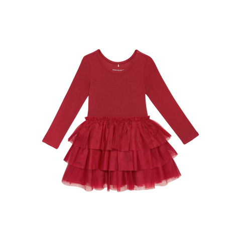 Posh Peanut Long Sleeve Tulle Dress - Crimson Waffle