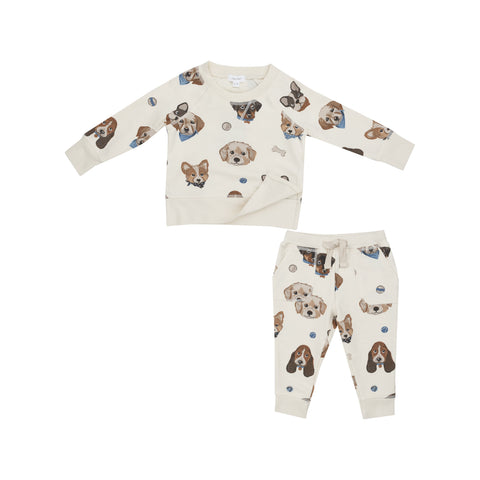 Angel Dear French Terry Raglan Sweatshirt and Jogger Set - Vintage Puppy Faces