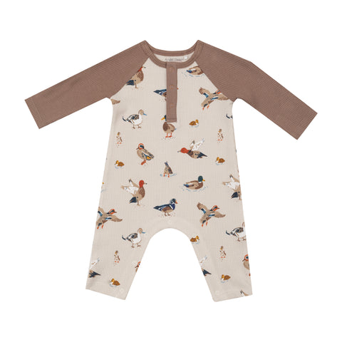 Angel Dear Long Sleeve Waffle Raglan Henley Romper - Ducks *Backordered*