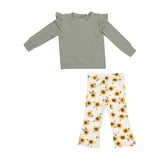 Angel Dear Long Sleeve Ruffle Shoulder Waffle Shirt with Flare Pant Set - Baby Sunflower