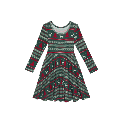 Posh Peanut Long Sleeve Twirl Dress - Holiday Fair Isle Waffle