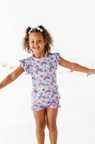 KiKi + Lulu Short Ruffle Sleeve 2 Piece PJ Set w/ Ruffle Shorts - Rainbows (It’s all Flowers & Rainbows)