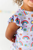 KiKi + Lulu Short Ruffle Sleeve 2 Piece PJ Set w/ Ruffle Shorts - Rainbows (It’s all Flowers & Rainbows)