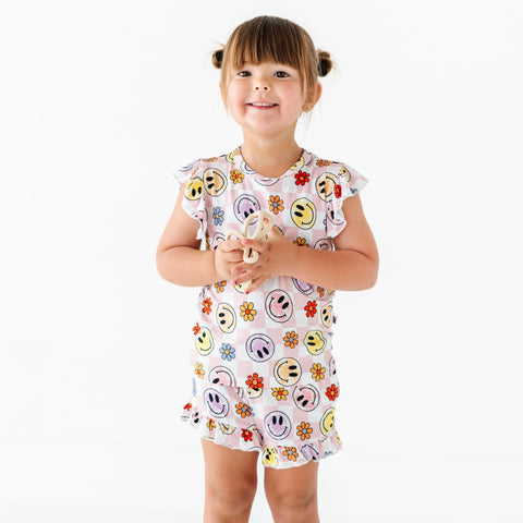 KiKi + Lulu Short Ruffle Sleeve 2 Piece PJ Set w/ Ruffle Shorts - Smiley Daze