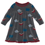 Kickee Pants Classic Long Sleeve Swing Dress - Slate Flying Books - Let Them Be Little, A Baby & Children's Clothing Boutique